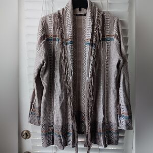 NIC+ZOE Textured Fringe Cardigan in Taupe and Teal